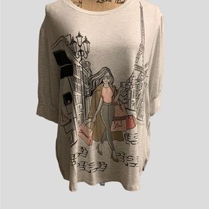 Love + Lace White Stretch Puff Sleeve Boutique Top Eiffel Tower Lady 1x NWOT